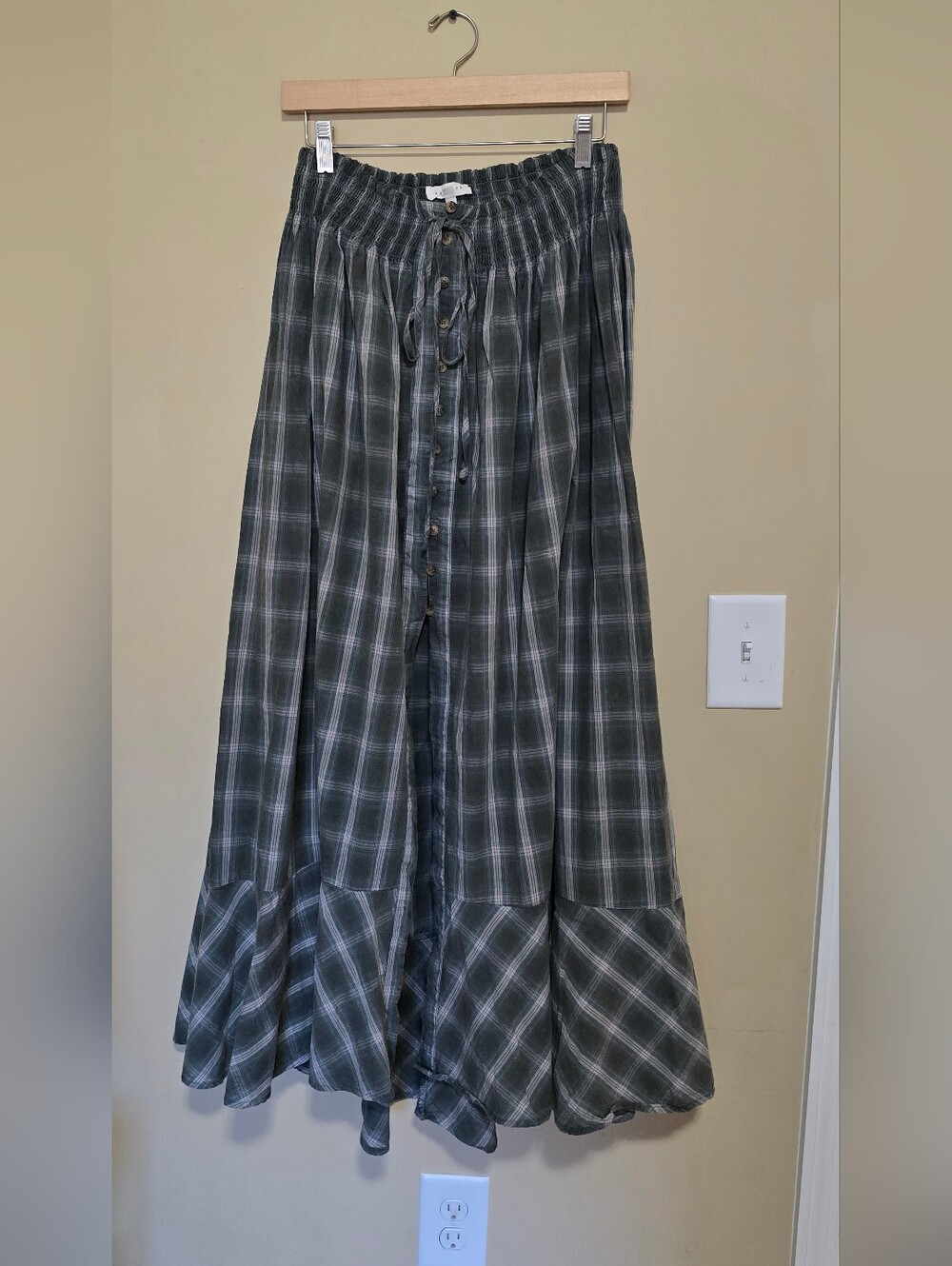 Promesa Dark Green Plaid Maxi Skirt with Button Front